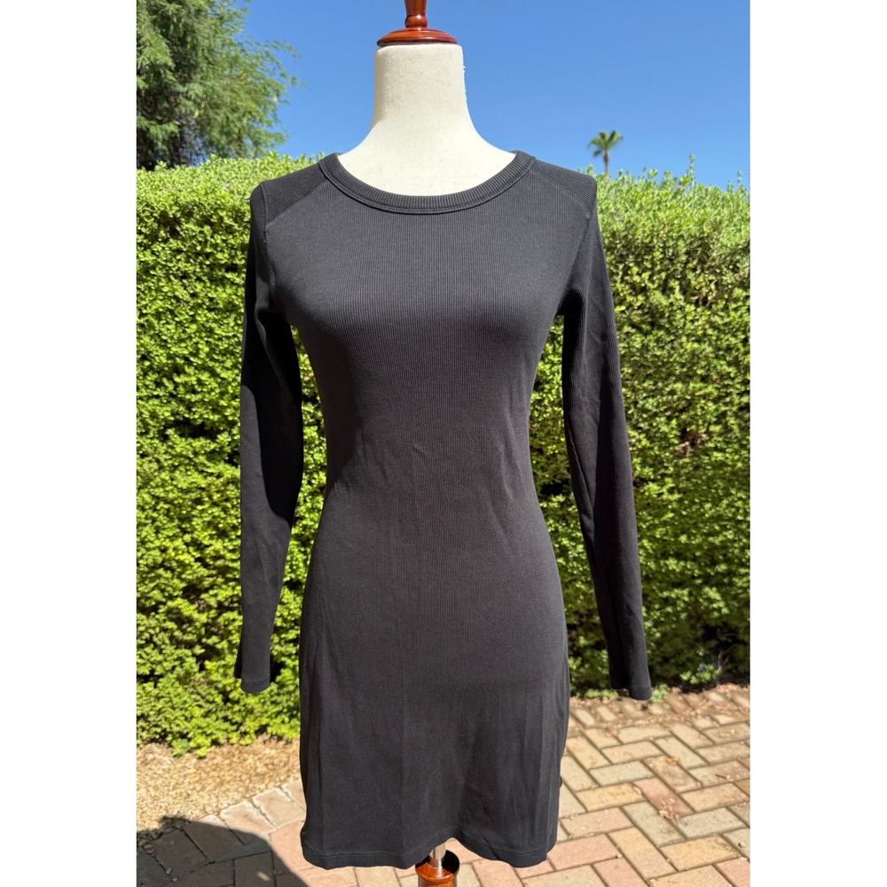 Everlane Organic Cotton Ribbed Long‎ Sleeve Mini Bodycon Dress Black - Small
